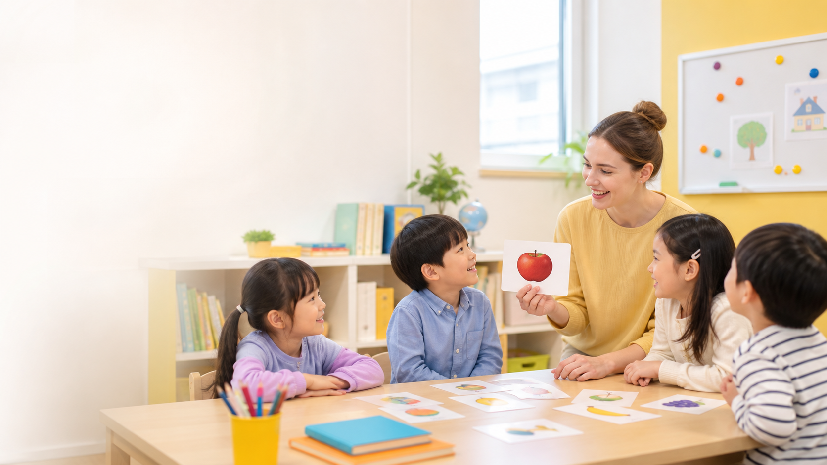明るい教室で子どもたちが英語活動を楽しむ様子